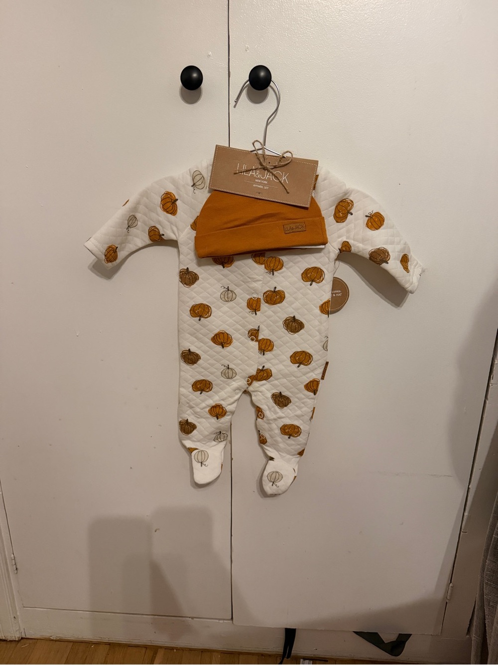 Quilted Pumpkin Print Footie with Rust Beanie